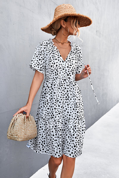 Printed Tie Neck Tiered Dress