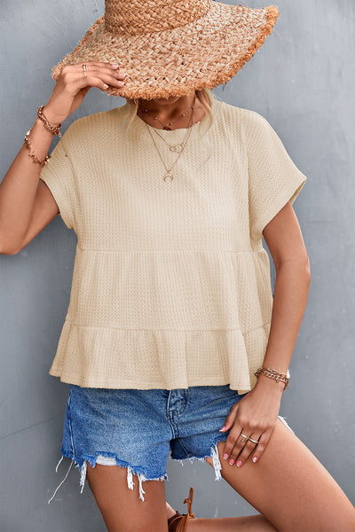 Waffle Knit Round Neck Babydoll Top