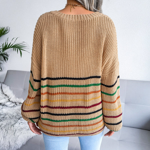 Striped V-Neck Lantern Sleeve Sweater