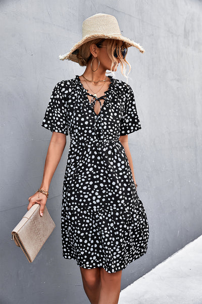 Printed Tie Neck Tiered Dress