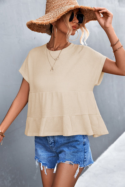 Waffle Knit Round Neck Babydoll Top