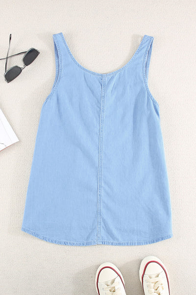 Denim Scoop Neck Quarter Button Down Tank