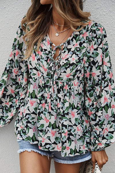 Floral Tie Neck Babydoll Blouse