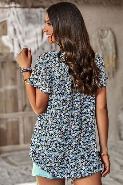 Floral Round Neck Curved Hem Top