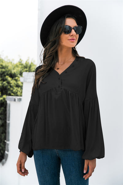 Button Detail Lantern Sleeve Peplum Top