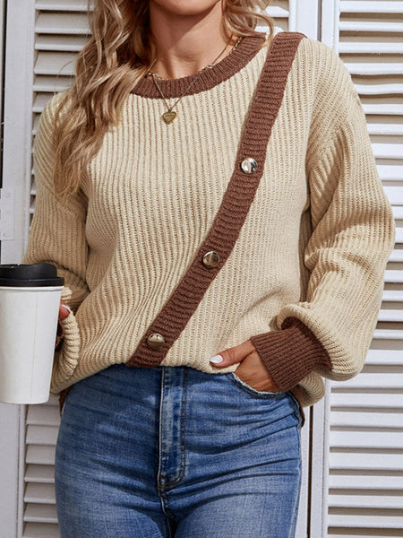Contrast Button Detail Rib-Knit Sweater