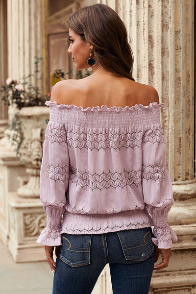 Off Shoulder Smocked Long Sleeve Blouse