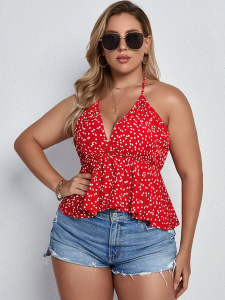 Plus Size Printed Halter Neck Peplum Top