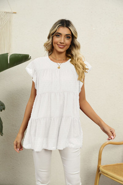 Swiss Dot Round Neck Tiered Blouse