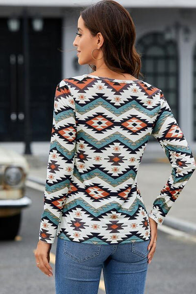 Printed Notched Neck Long Sleeve Top