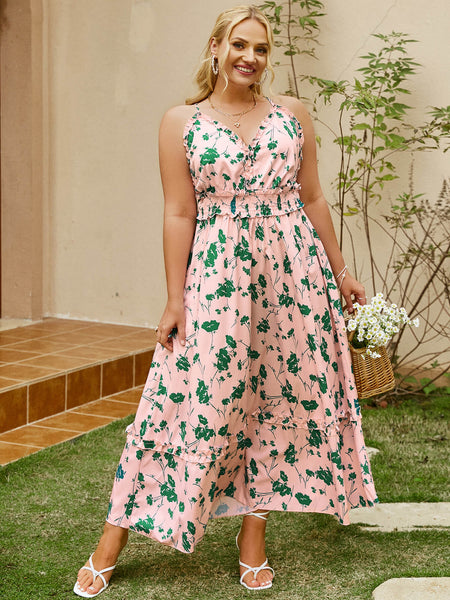 Plus Size Floral Frill Trim Spaghetti Strap Maxi Dress