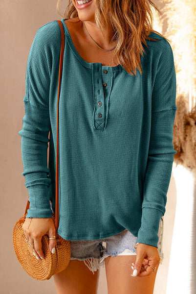 Waffle Knit Henley Long Sleeve Top