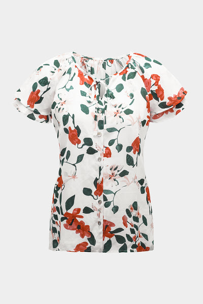 Floral Tie Neck Short Sleeve Shirt