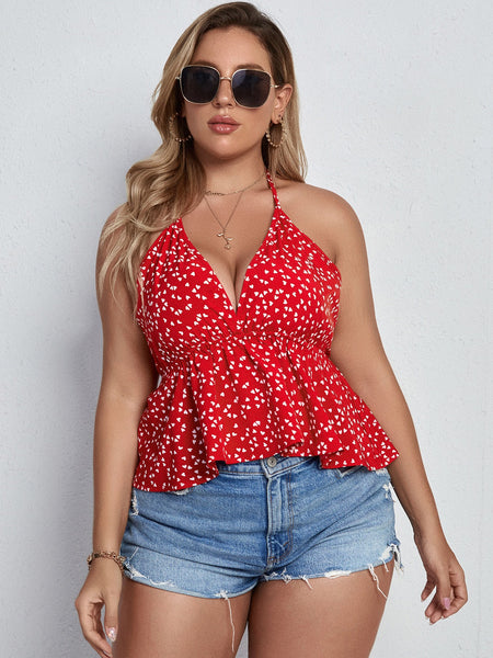 Plus Size Printed Halter Neck Peplum Top