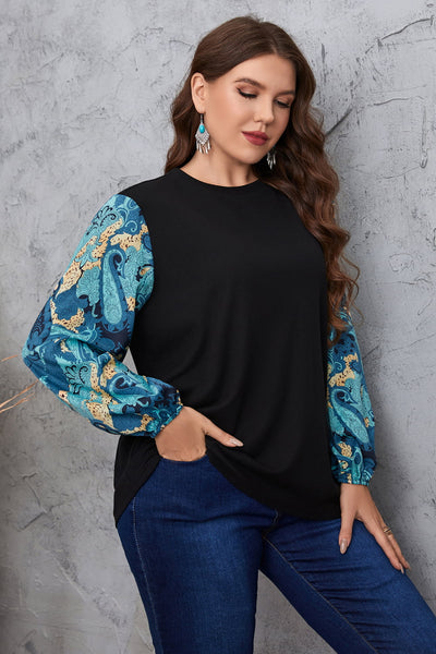 Plus Size Printed Sleeve Round Neck Blouse