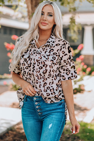 Leopard Button Front Short Sleeve Shirt with Breast Pockets