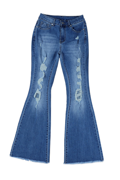 Distressed Frayed Hem Flare Jeans