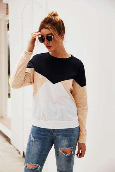 Color Block Round Neck Long Sleeve Top