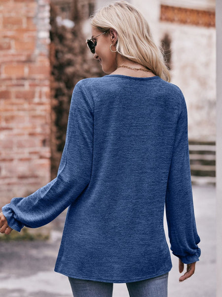 Long Flounce Sleeve Round Neck Blouse