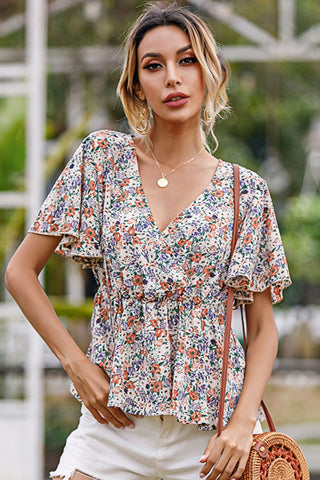 Floral Surplice Flutter Sleeve Babydoll Blouse