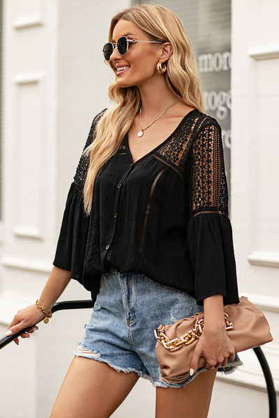 Flare Sleeve Spliced Lace V-Neck Shirt