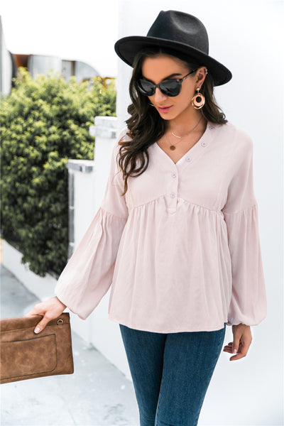 Button Detail Lantern Sleeve Peplum Top