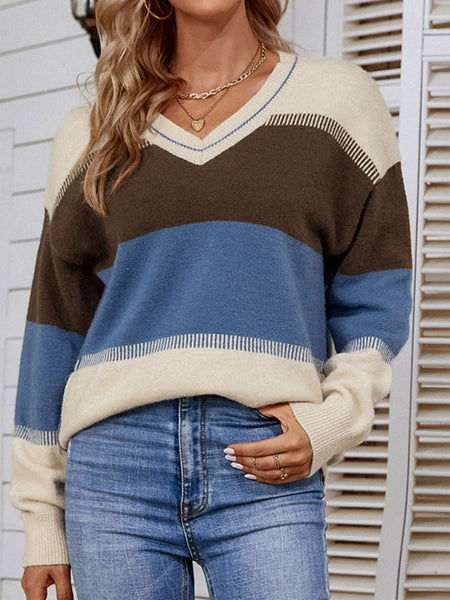 Color Block V-Neck Dropped Shoulder Tunic Sweater