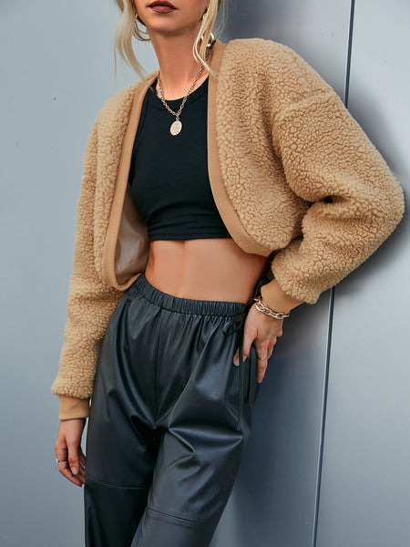 Dropped Shoulder Open Front Cropped Sherpa Jacket