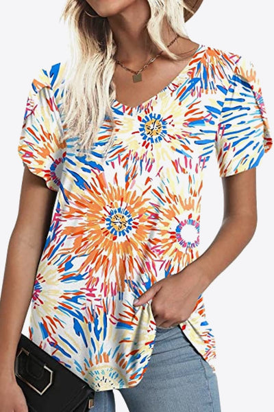 Printed Petal Sleeve V-Neck Blouse