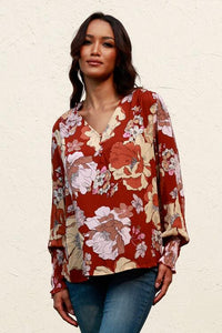 Floral V-Neck Smocked Lantern Sleeve Blouse