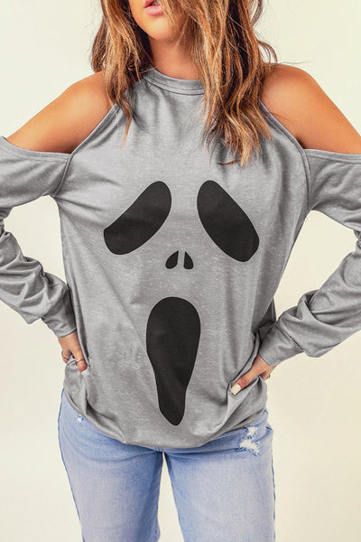 Halloween Graphic Cold-Shoulder Distressed Sweatshirt