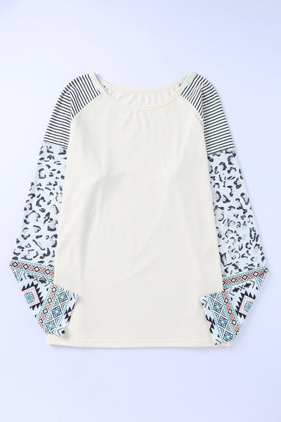 Plus Size Mixed Print Raglan Sleeve Round Neck Top