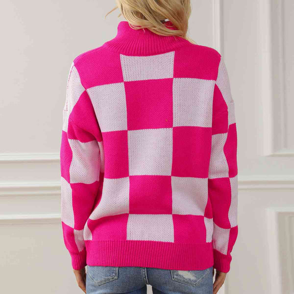 Checkered Half Zip Long Sleeve Sweater