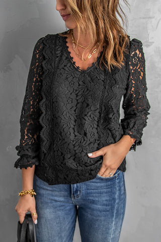 Lace Crochet V-Neck Flounce Sleeve Top