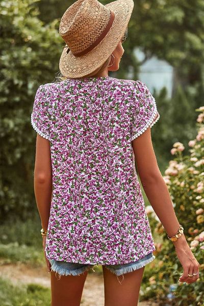 Floral Petal Sleeve Notched Blouse