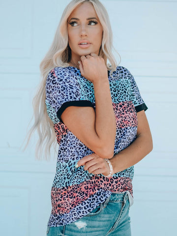 Leopard Color Block Round Neck T-Shirt