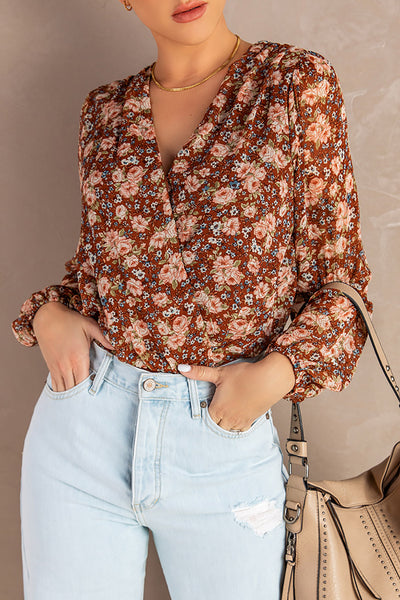 Floral Balloon Sleeve Surplice Blouse