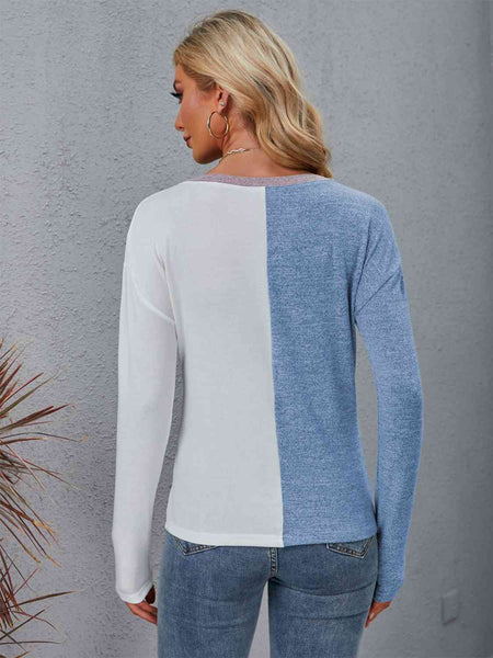 Color Block Round Neck Top with Pocket