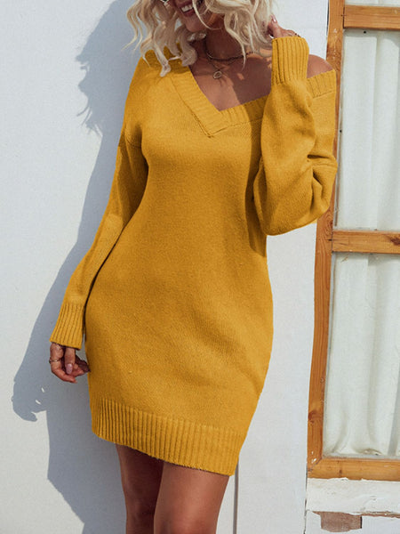 V-Neck Ribbed Trim Sweater Dress