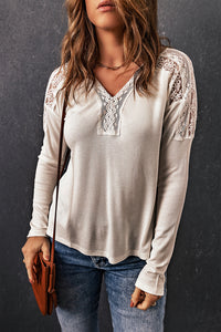 Ribbed V-Neck Spliced Lace Top