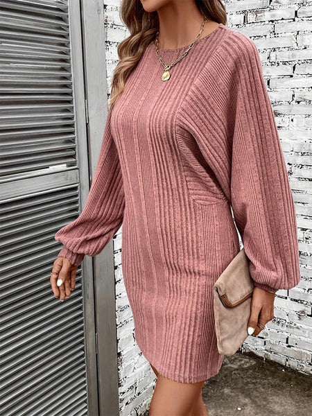 Ribbed Round Neck Long Sleeve Dress