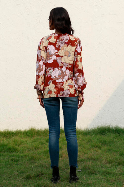 Floral V-Neck Smocked Lantern Sleeve Blouse