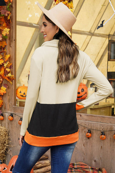 Halloween Print Color Block Drawstring Sweatshirt