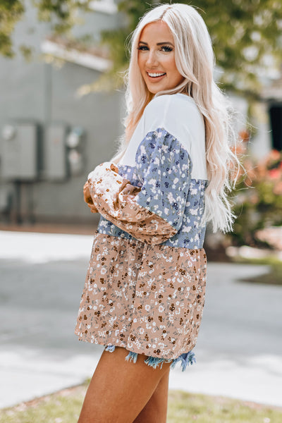 Floral Color Block Round Neck Babydoll Top