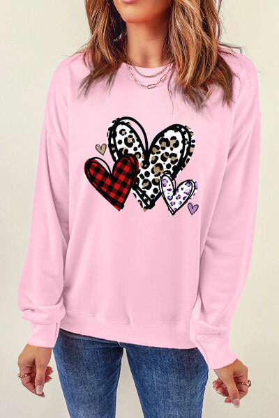 Heart Round Neck Dropped Shoulder Sweatshirt