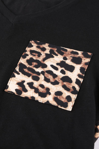 Contrast Leopard V-Neck Pocket Blouse