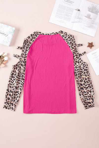 Plus Size Leopard Cutout Baseball Sleeve Top