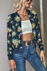 Floral Zip Up Ribbed Trim Bomber Jacket