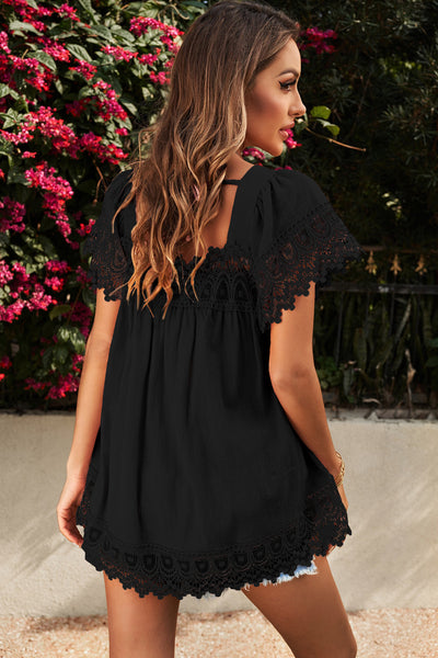 Spliced Lace Tie-Back Babydoll Top