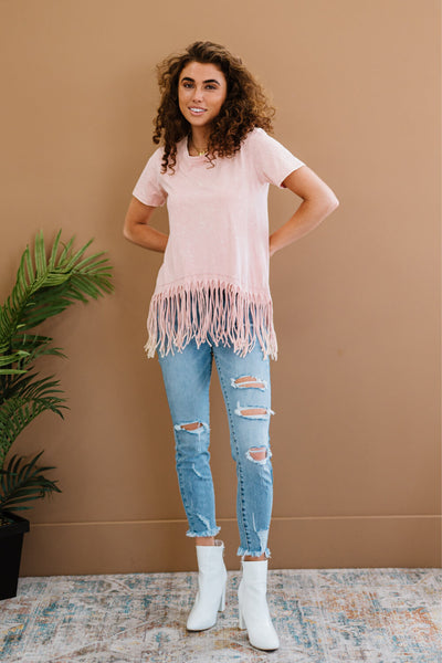 BiBi Empowering Expression Mineral Wash Fringe Detail Tee